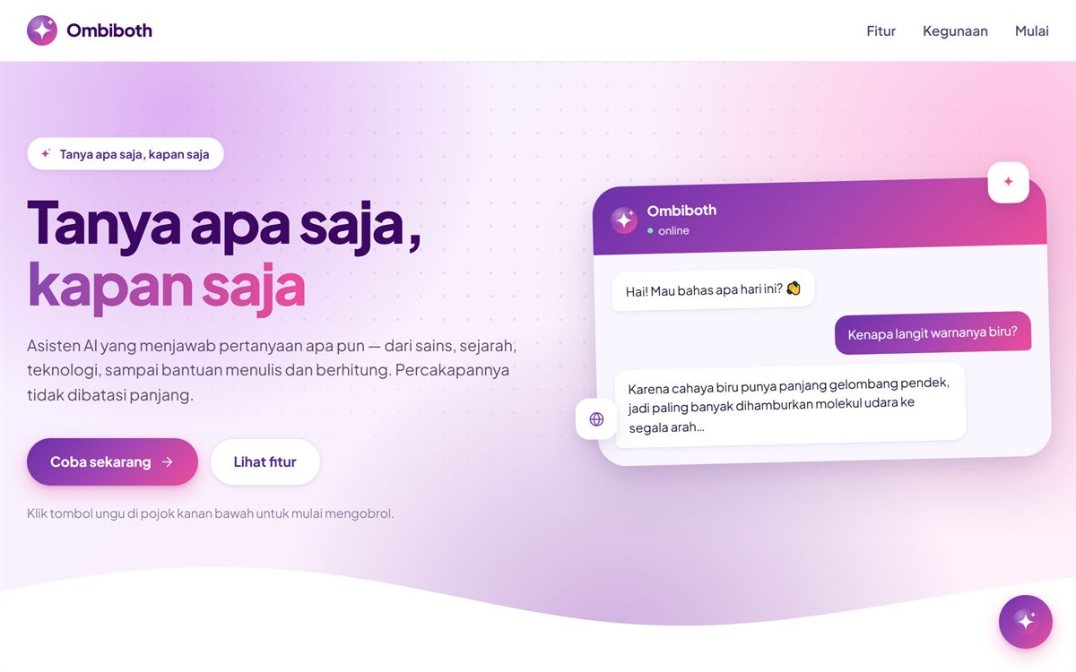 Ombiboth landing page with the chat widget in the corner